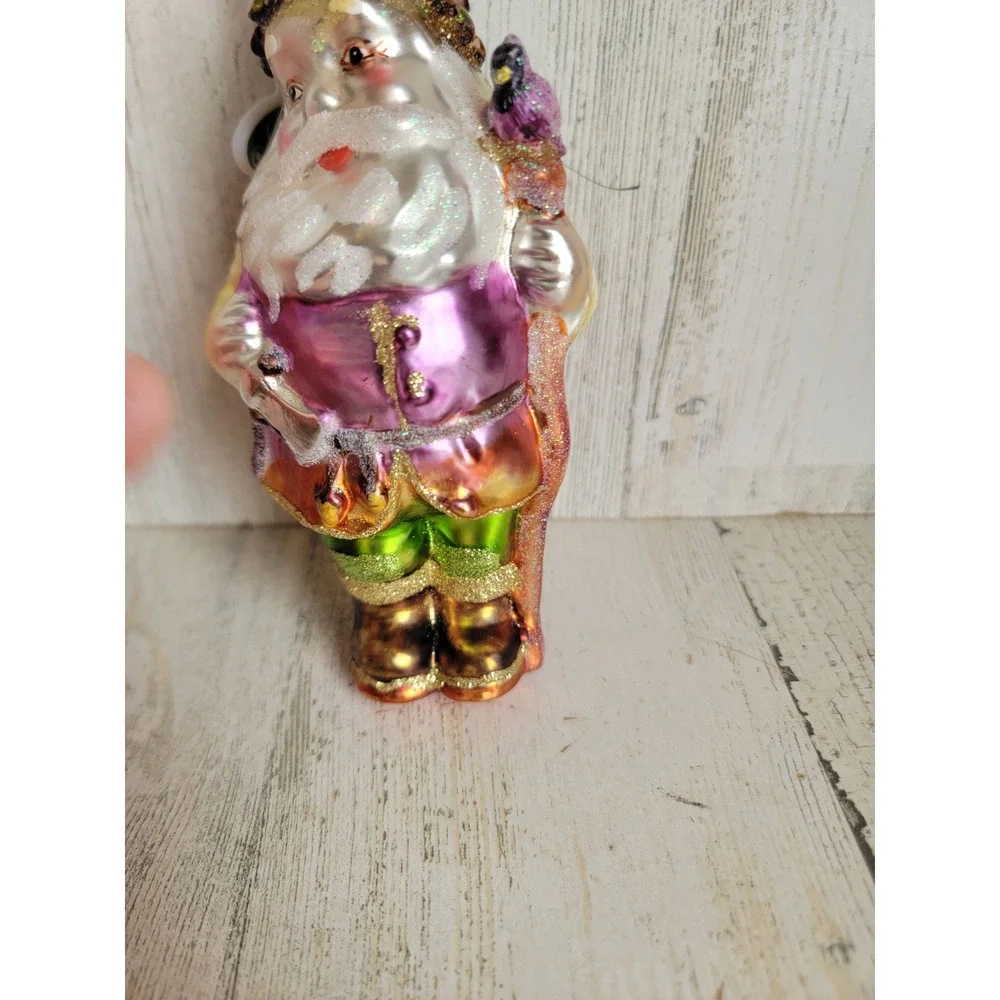 Vintage woodland Santa Claus blown glass glitter bird ornament Xmas unique
